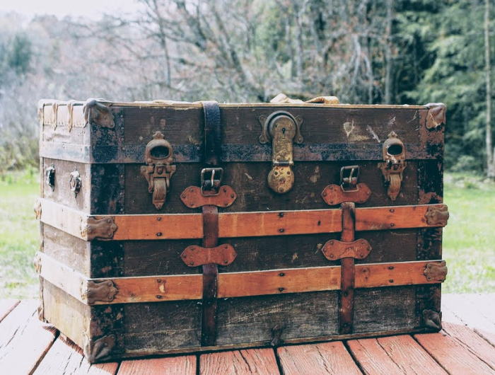 Image shows an old steamer trunk, illustrating an example of the difference between very and too.